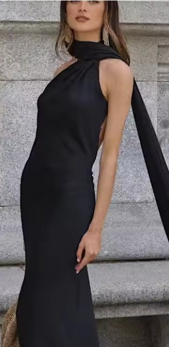 Satin Halter Backless Maxi Dress