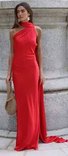 Satin Halter Backless Maxi Dress