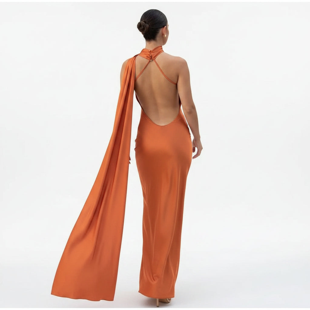 Satin Halter Backless Maxi Dress