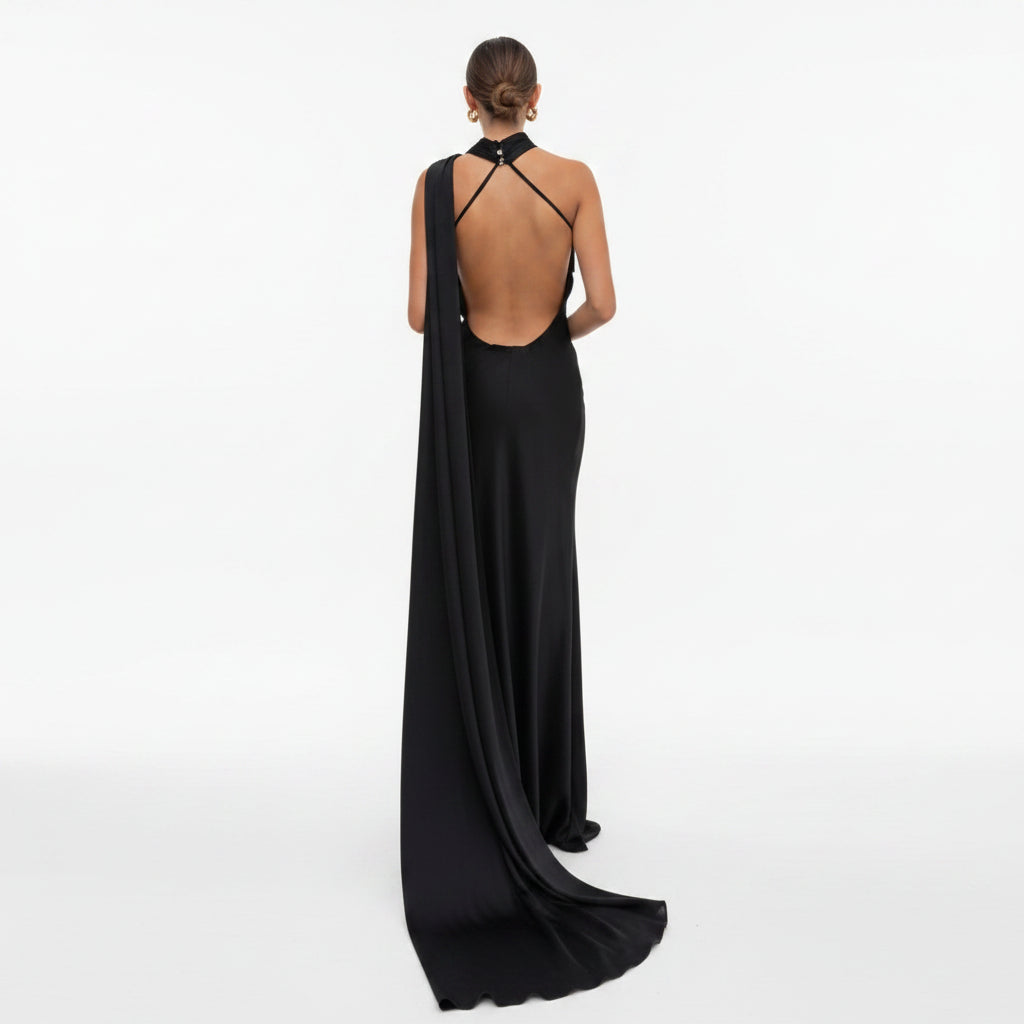 Satin Halter Backless Maxi Dress