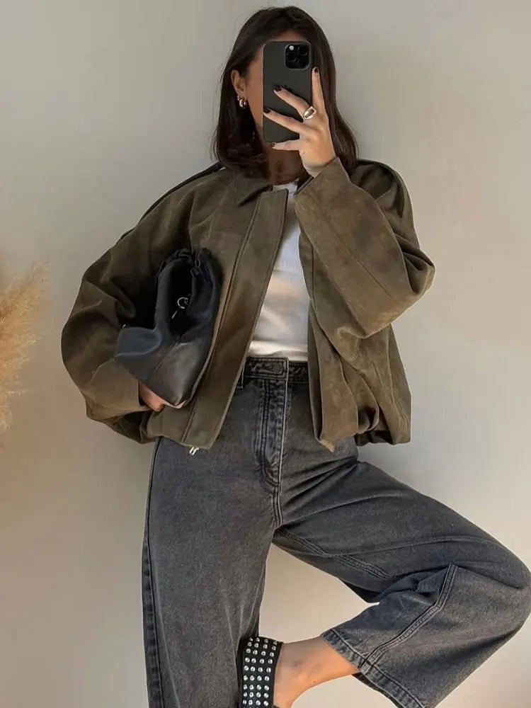 Vintage Suede Casual Bomber Jacket